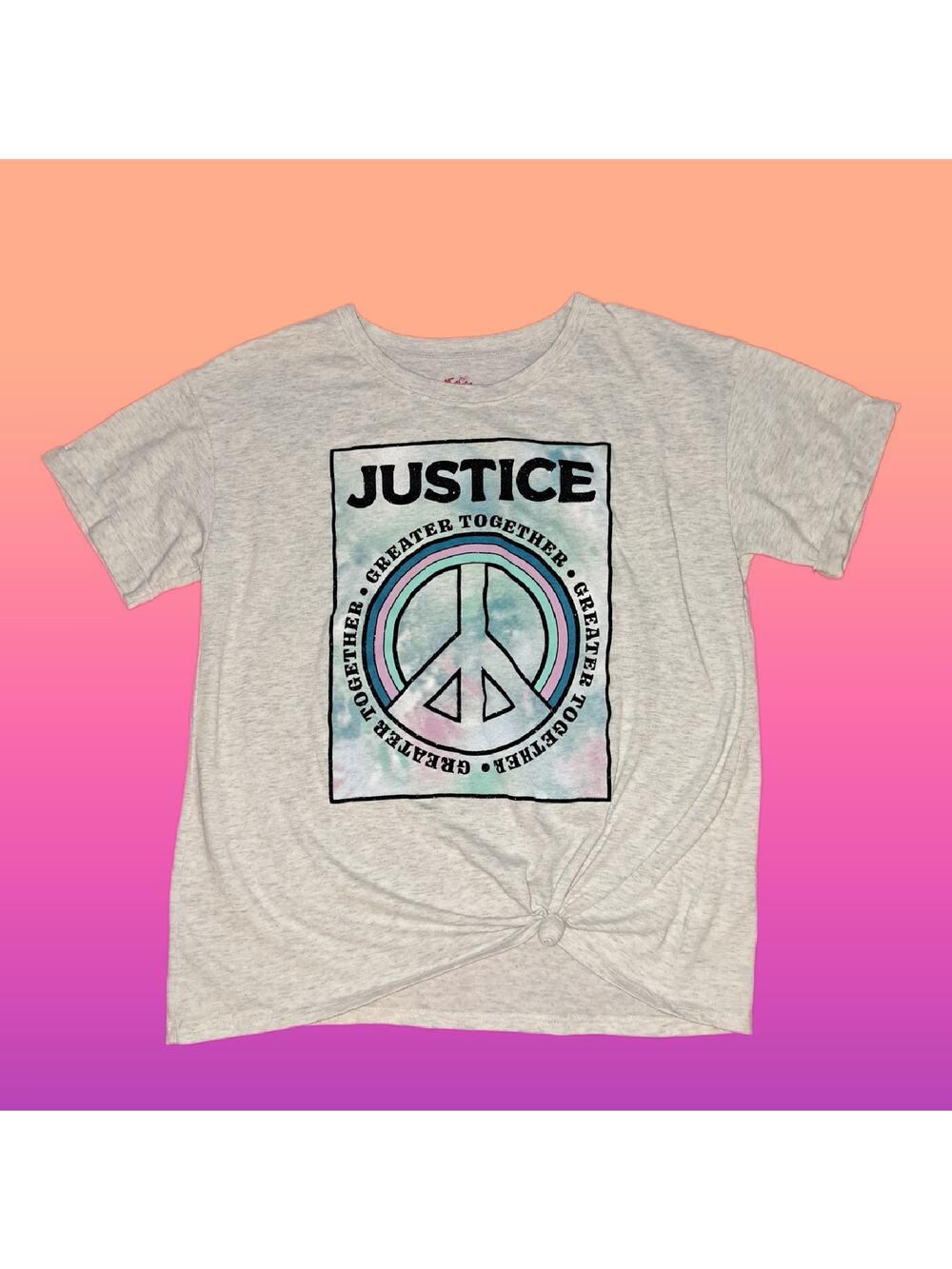 Justice Girls Large Peace Sign Greater Together Gray Roll Cuff Side Tie Tee